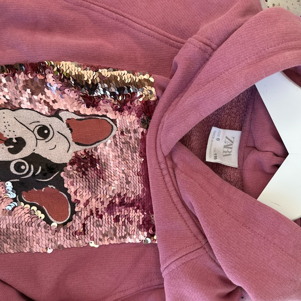 ZARA Girls Mauve Pink Sequins French Bulldog Hoodie Sweater Size 6 Kids … - Picture 3 of 3